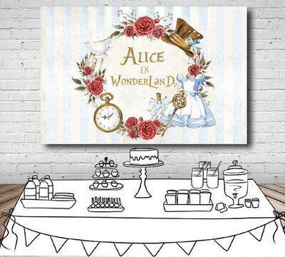 Alice In Wonderland Party Backdrop Flowers Dress Stripes Girls Birthday Backgrounds For Photo Studio