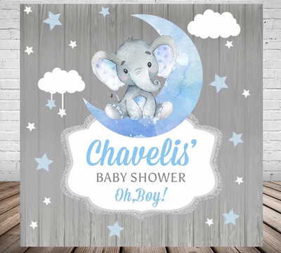 Elephant Boys Baby Shower Backdrop Blue Moon Stars Clouds Grey Wood Children Birthday Party Photography Backgrounds