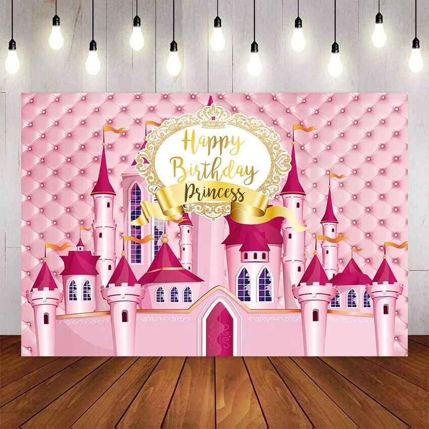 Backdrop for Photography Princess Pink Castle Headboard Happy Birthday Children's Photographic Backgrounds