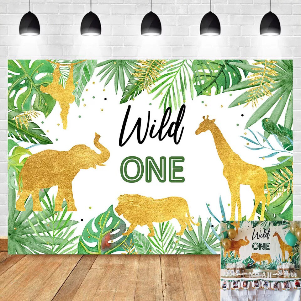 Wild One Birthday Backdrop Jungle Animals Party Photo Background Gold Safari Tropical Leaves Backdrops Cake Table Decorations