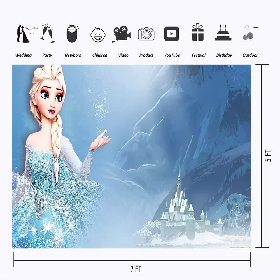 Frozen Elsa Princess with Castle Photographic Backdrop Ice Snowflake Mountain Photo Background For Girl Birthday Party Banner