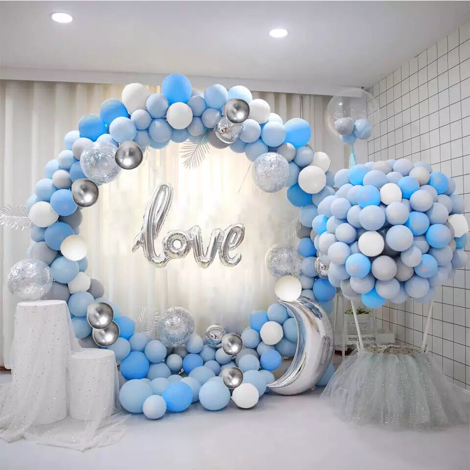 Latex Balloon Garland Kit with Blue White Silver Confetti Balloons and Metallic Balloons for Birthday Baby Shower