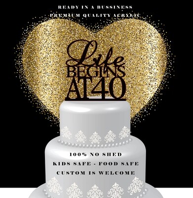 GOLD LIFE BEGINS AT 40 CAKE TOPPER, 40TH BIRTHDAY CAKE TOPPER, 40TH PARTY DECOR, FORTIETH CAKE TOPPER, GLAMOUR PARTY DECORATION