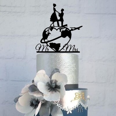 WORLD MAP WEDDING CAKE TOPPER, MR AND MRS TRAVEL WORLD MAP WEDDING CAKE TOPPER, MIXED STYLE WORLD MAP WITH COUPLES CAKE DECOR