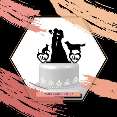 A digital file Lesbian cake topper,lesbian with dog and cat,lesbian wedding cake topper,mrs and mrs cake topper with dog and cat,lesbian silhouette