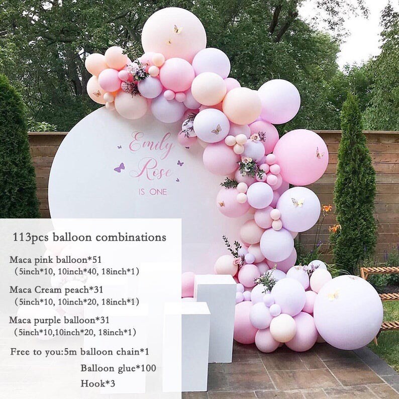 113pcs DIY Pastel Macaron Pink Purple Balloons Garland Kit Gream Peach Balloon Arch for Baby Shower Birthday Wedding Party Decoration