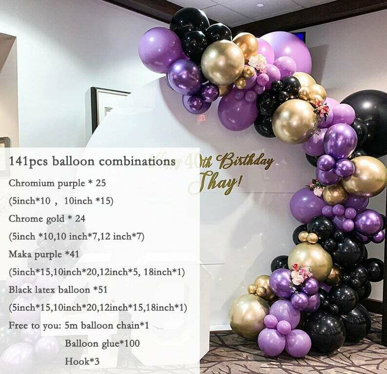 141pcs purple black balloon garland kit chrome purple gold balloon arch Wedding Baby Shower birthday party Family activity arrangement