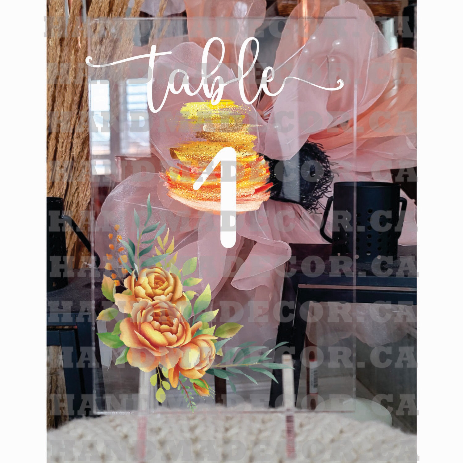 Custom Acrylic Wedding Table Number Signs, Personalized Modern Wedding Table Numbers ,Wedding Table Decorations, Table Sign for Engagement-A Bouquet Of Watercolor Flowers And A Gold Border