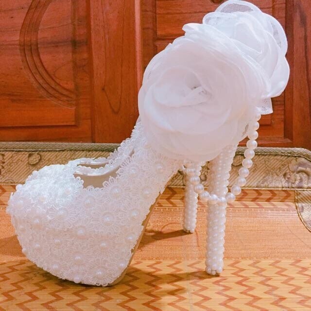 Flock Women wedding shoes Bride high heels platform shoes Bridal Big Flower shoes