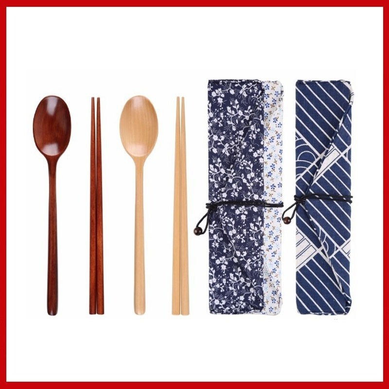 Portable Tableware Wooden Cutlery Sets with Useful Spoon Fork Chopsticks Travel Gift Dinnerware Suit with Cloth bag