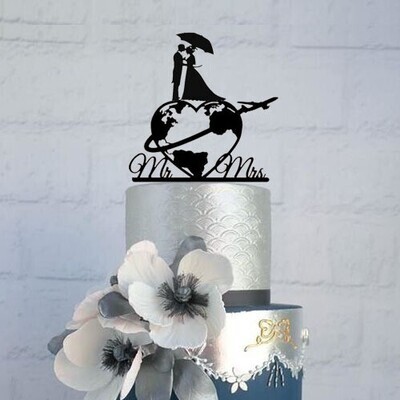 A Digital file Travel world map Wedding cake topper with name, world map cake topper