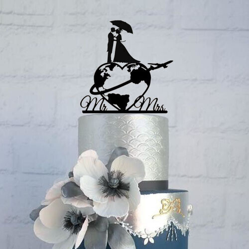 A Digital file Travel world map Wedding cake topper with name, world map cake topper