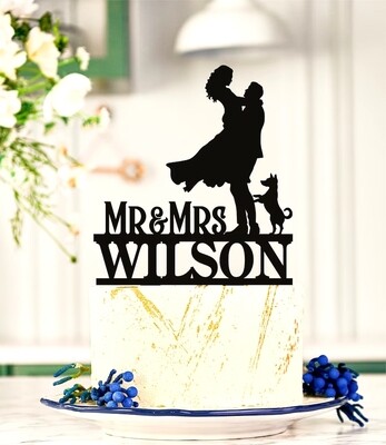 A Digital file Funny Wedding Cake Topper, Groom Pulls the Bride to Marry Silhouette,Cake topper with dog silhouette,Over the Threshold,Dog cake topper