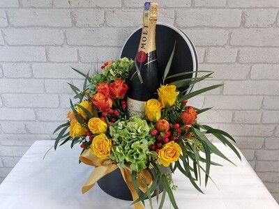 Flower box arrangement and wine FB029