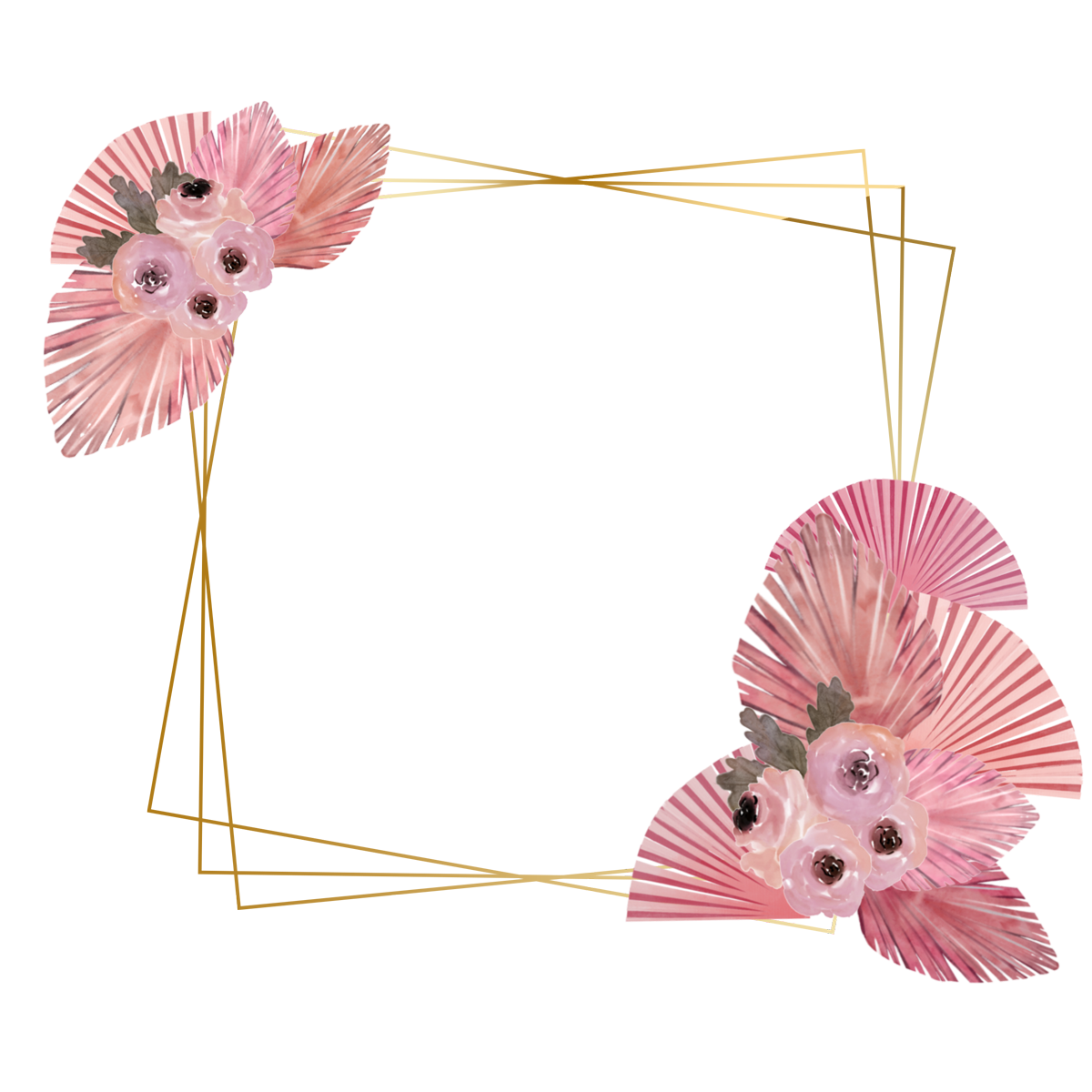 Pink Dry Flower Border Wedding Floral Geometric Gradient Golden Floral Arrangement PNG Transparent
