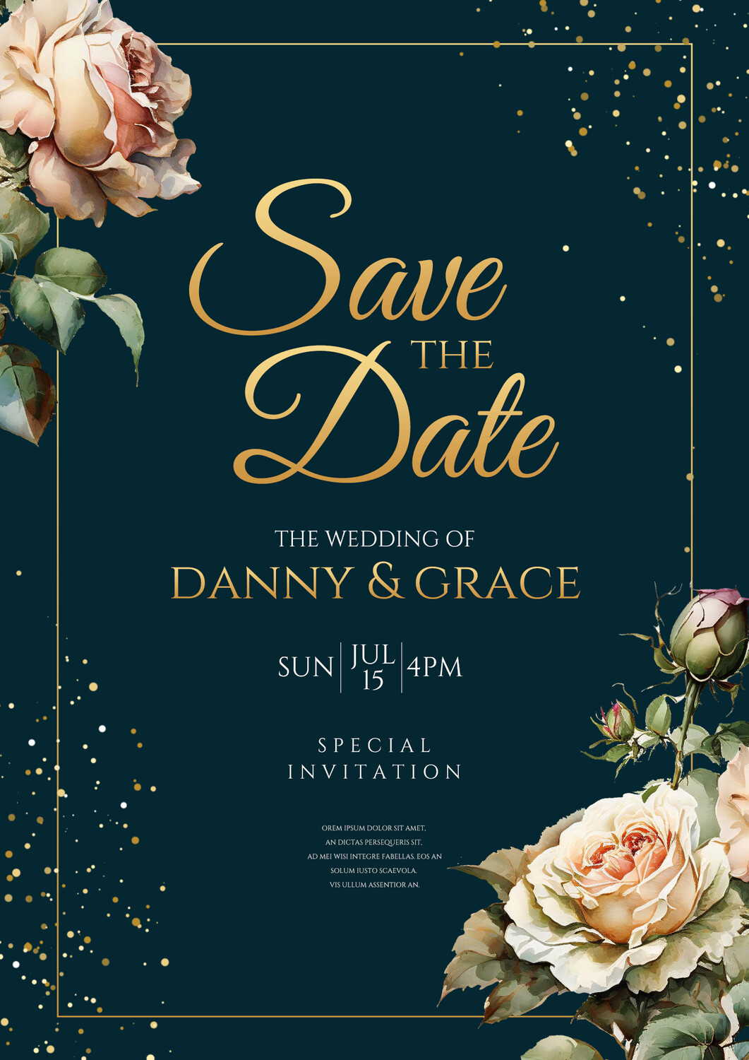 Wedding Invitation With Cartoon Flowers Plants Leaves Golden Border Premium Template
