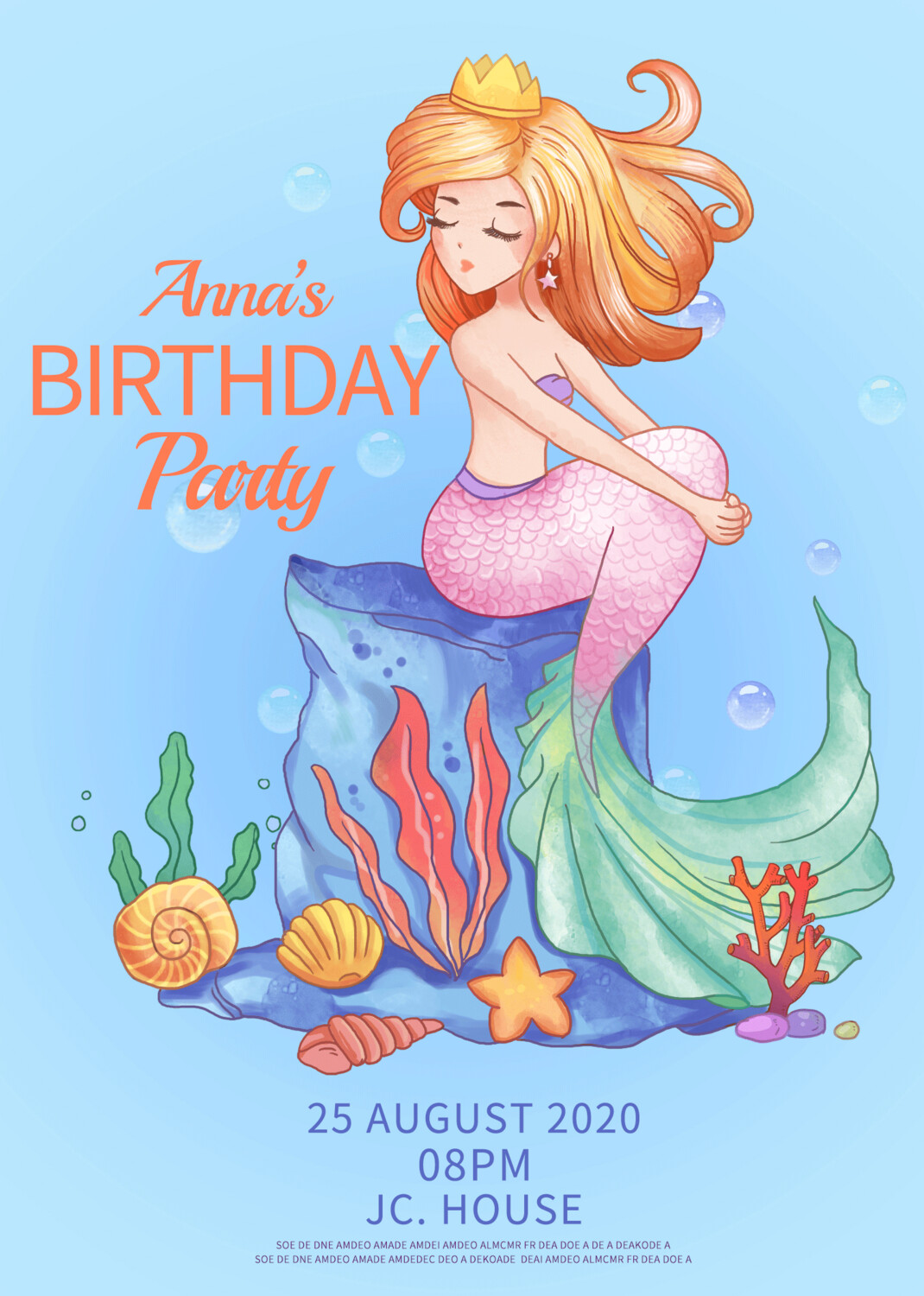 Blue Mermaid Birthday Party Invitation