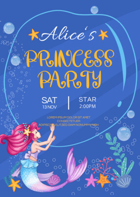 Blue Bubble Mermaid Element Birthday Party Invitation Premium Template
