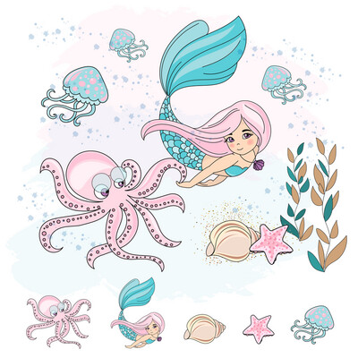 Mermaid Octopus School Underwater Vector Illustration Set For Digital Print Holidays Wall Art Scrapbooking Photo Album Design And Digital Vector Design Images