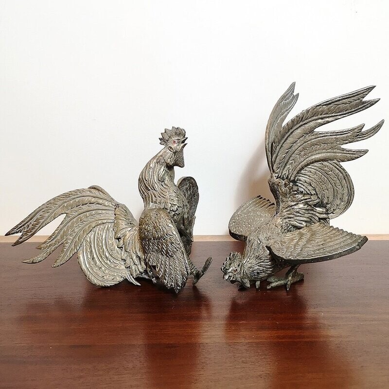 Pareja de Gallos de Combate en Bronce