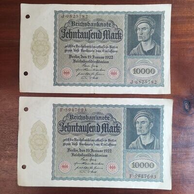 Dos Billetes de 10.000 Marcos de la república de Weimar