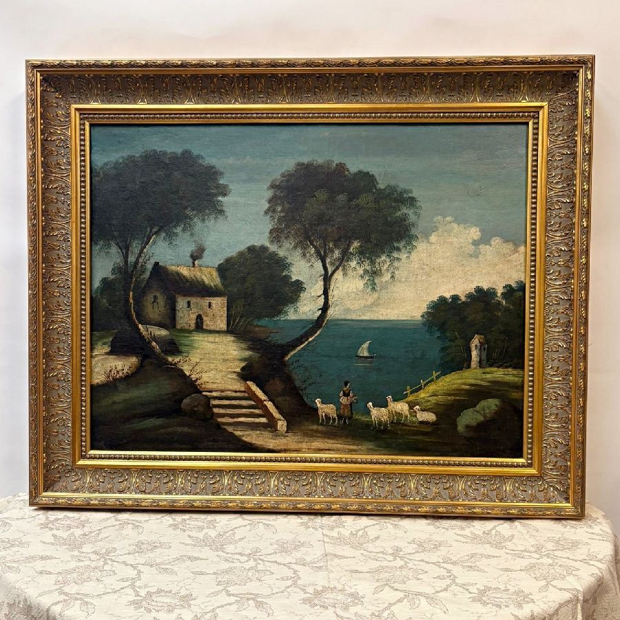 Óleo Paisaje Lacustre con Pastora