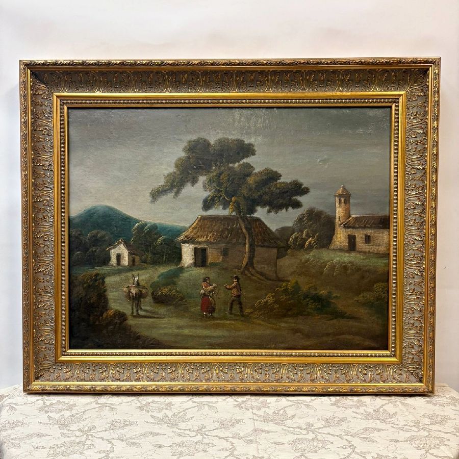 Óleo Campiña con Escena Costumbrista