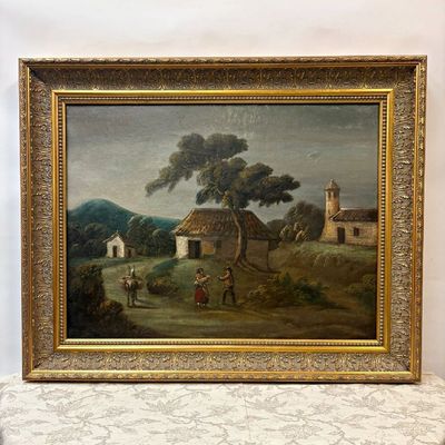 Óleo Campiña con Escena Costumbrista
