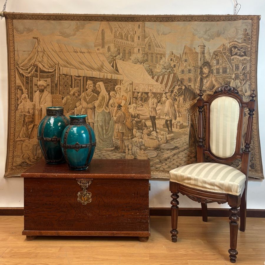 Tapiz con Escena de Mercado Medieval Tapiz con Escena de Mercado Medieval