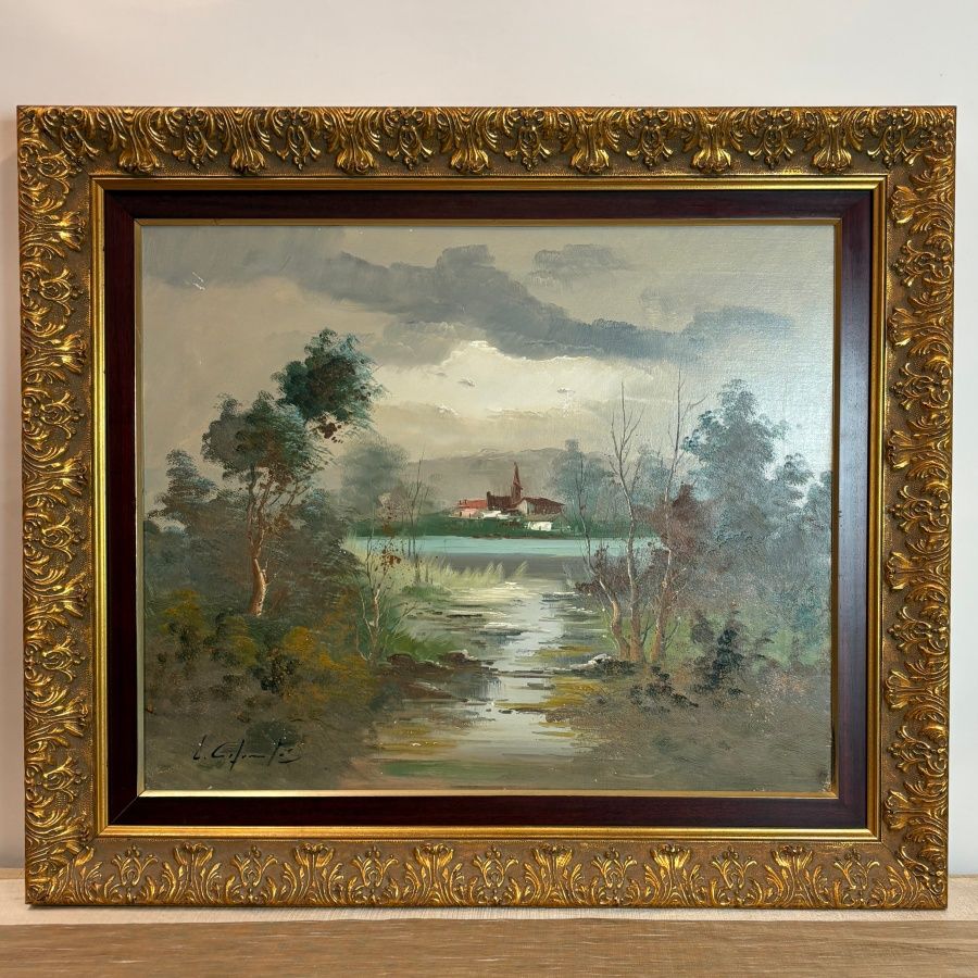 Óleo Paisaje con Rio y Casas