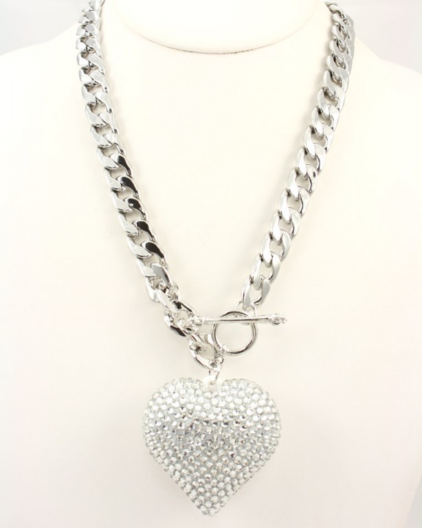20&quot; Bling silver chain link necklace heart rhinestones