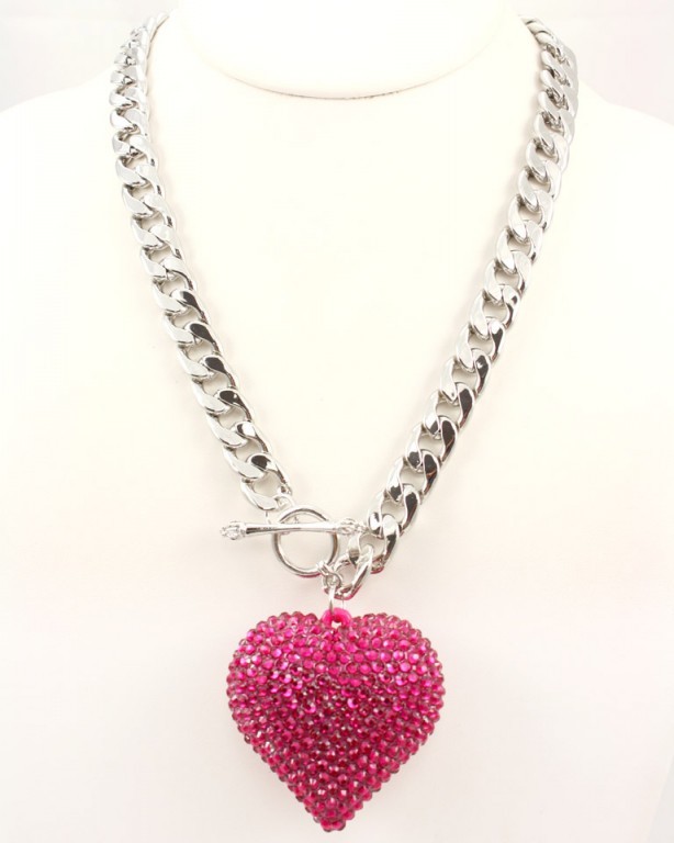 20&quot; Bling silver chain link necklace heart rhinestones