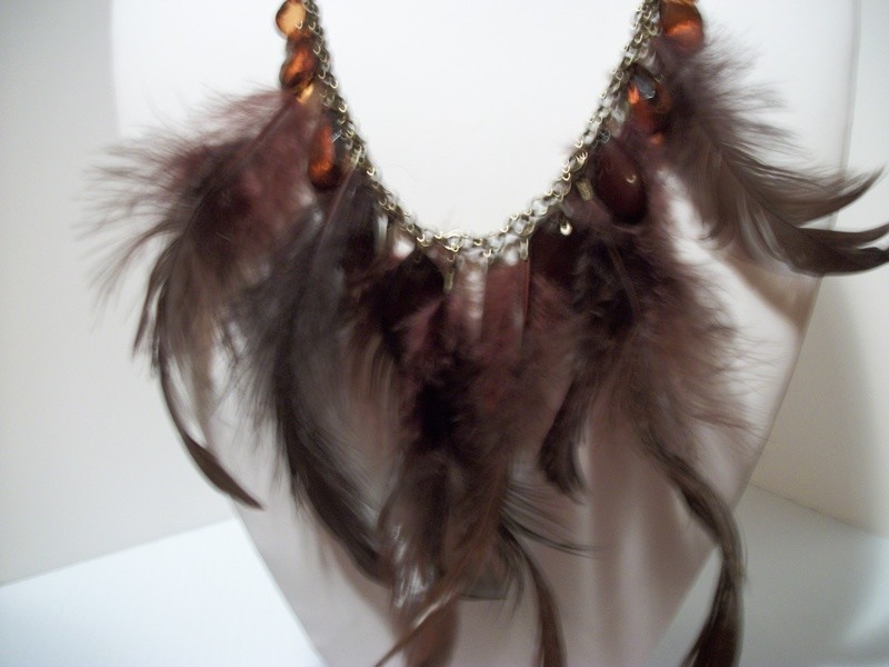 8&quot; feather necklace earring set brown dangle beads jewelry animal