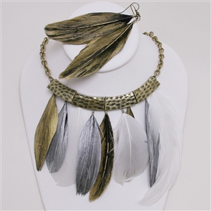 26&quot; painted feather necklace earring set jewelry animal 