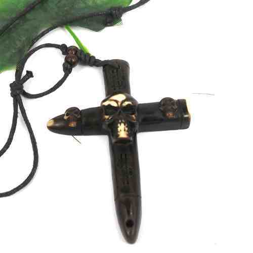 promotion ETHNIC TRIBAL YAK BONE CARVING STYLISH Skull &amp; CROSS PENDANT NECKLACE