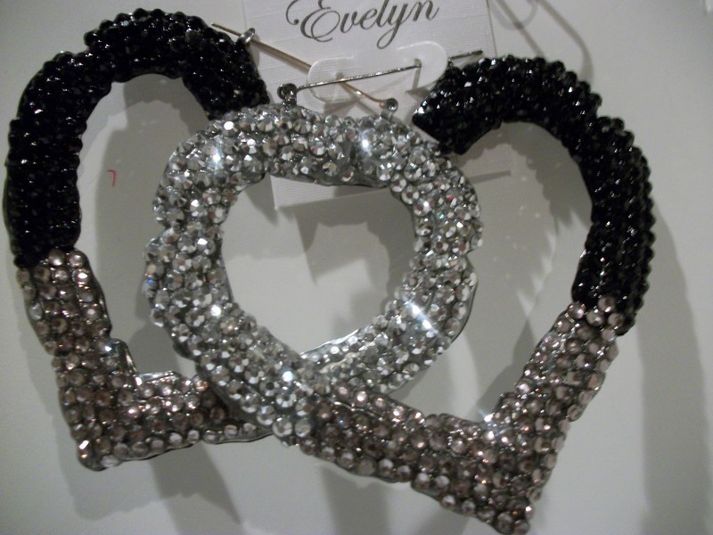 3 1/2&quot; bamboo heart shape rhinestone paved basketball wives paparazzi earrings jewelry