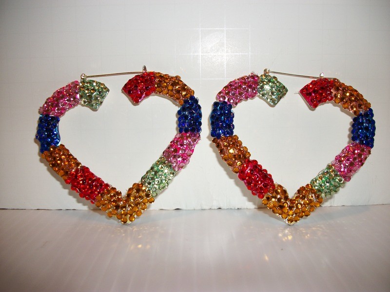 3 1/2&quot;  bamboo  heart earrings paved paparazzi rhinestones basketball wives jewelry