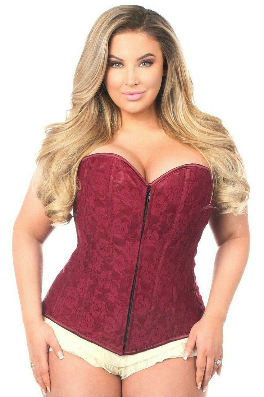 Lavish Wine Lace Overbust Corset w/Zipper, SIZE: SMALL