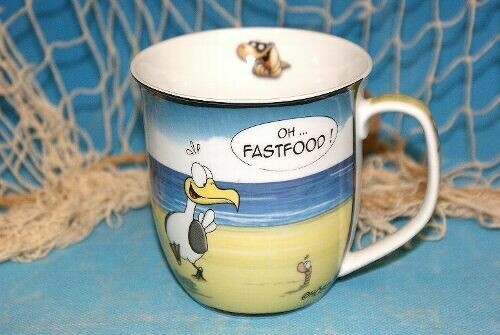 Hösti Tasse " Fast Food " ...Möwe und Wattwurm Porzellan Becher ca. 350ml