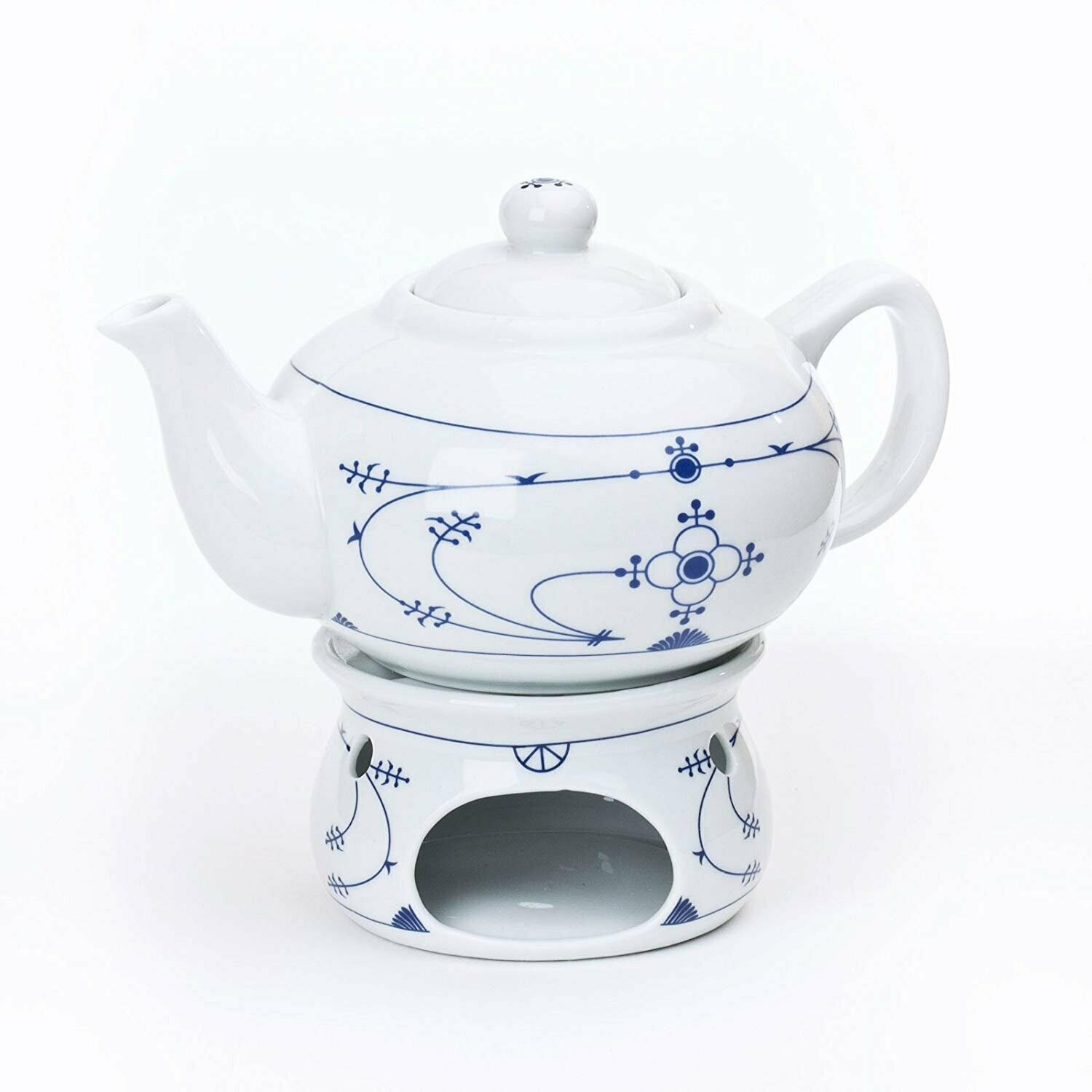 Ocean-Line Set Teekanne mit Stövchen 0,75l Porzellan Indisch Blau/Strohblume