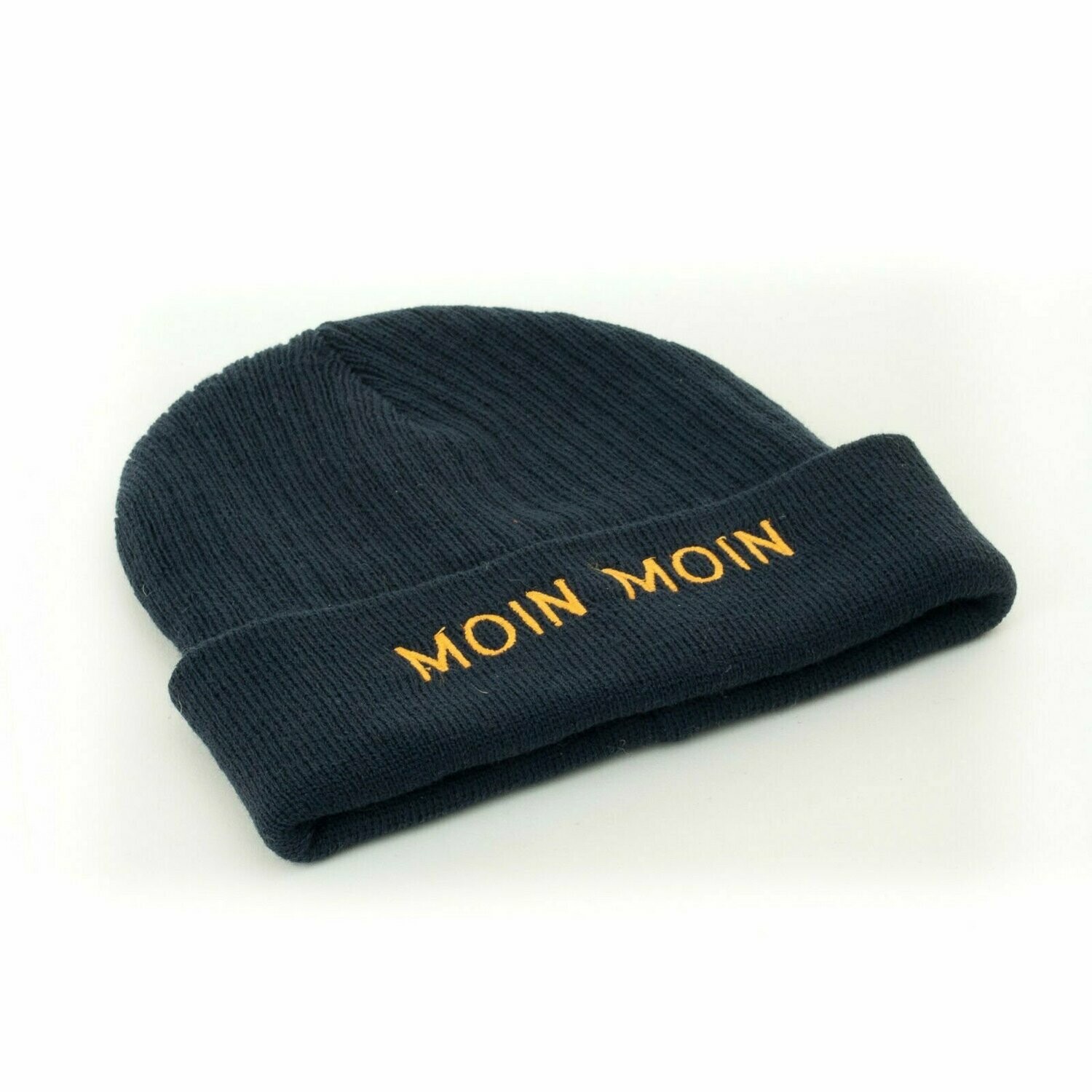 Nordische Mütze "Moin Moin" dunkel blau mit gestickten, goldenen Schriftzug.