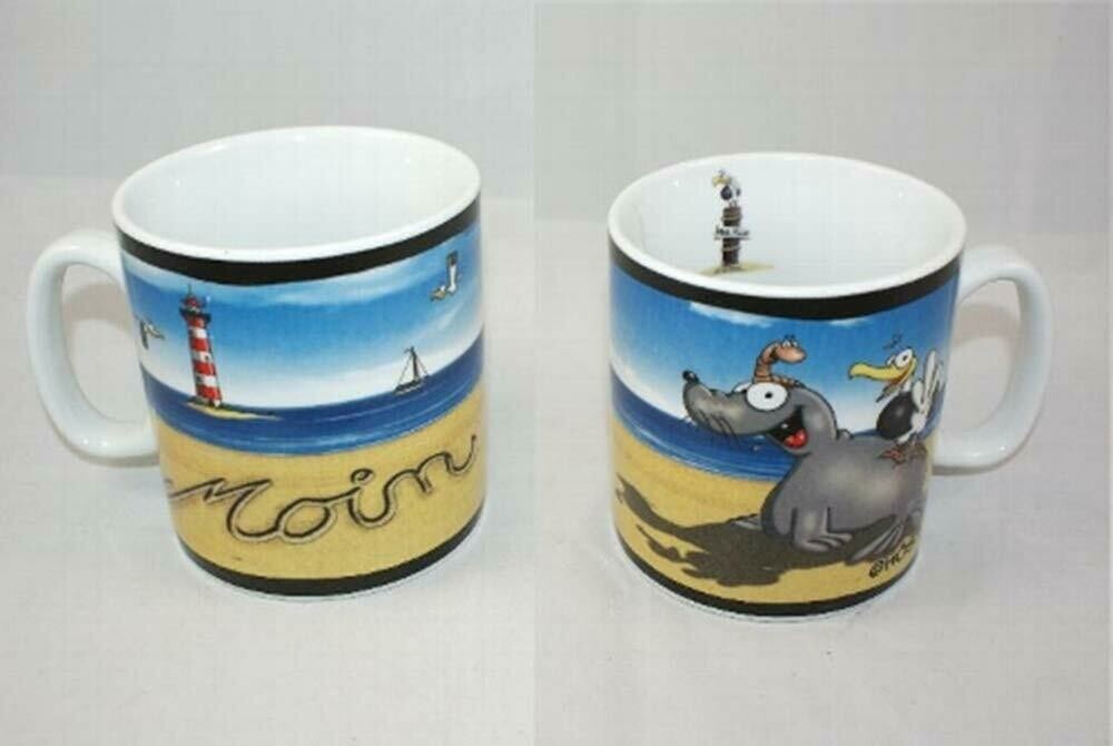Hösti Jumbo Becher Moin, mit Robbe, Wattwurm, Möwe und Leuchtturm, aus Porzellan, ca 11x10 cm (1 Stück )