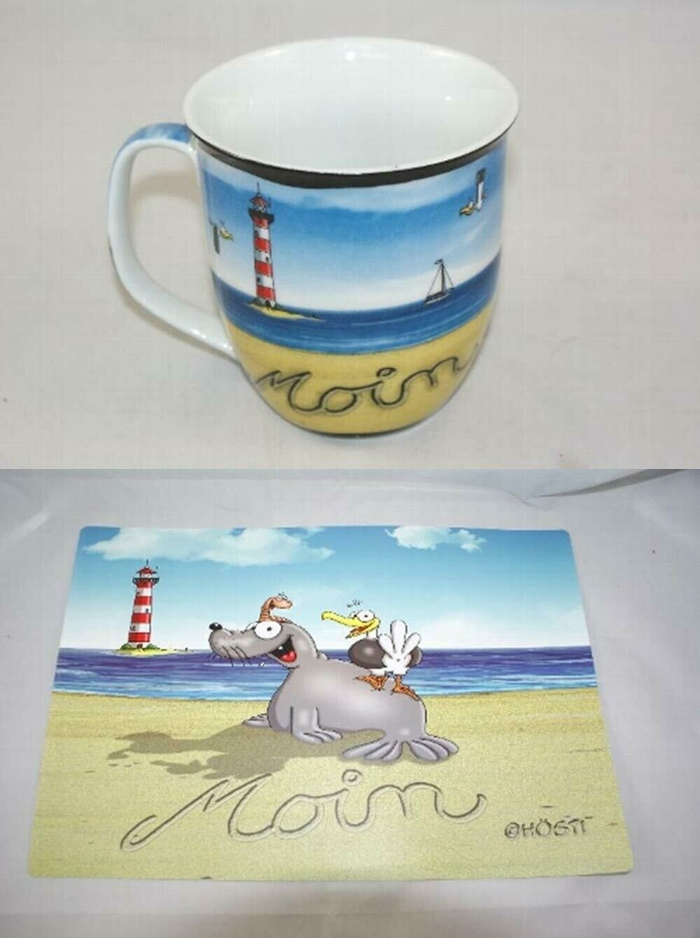 Hösti Becher & Frühstücksbrett als Set Moin mit Robbe, Möwe, Wattwurm und Leuchtturm