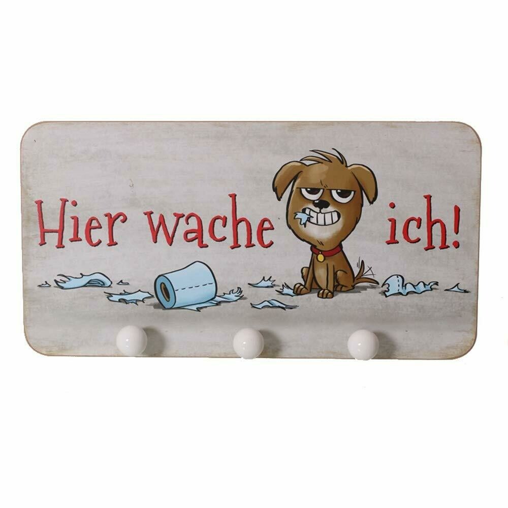 Garderobe Hund Hier wache ich, MDF, mit 3 Keramik Knöpfen, ca. 42,5x5x22 cm