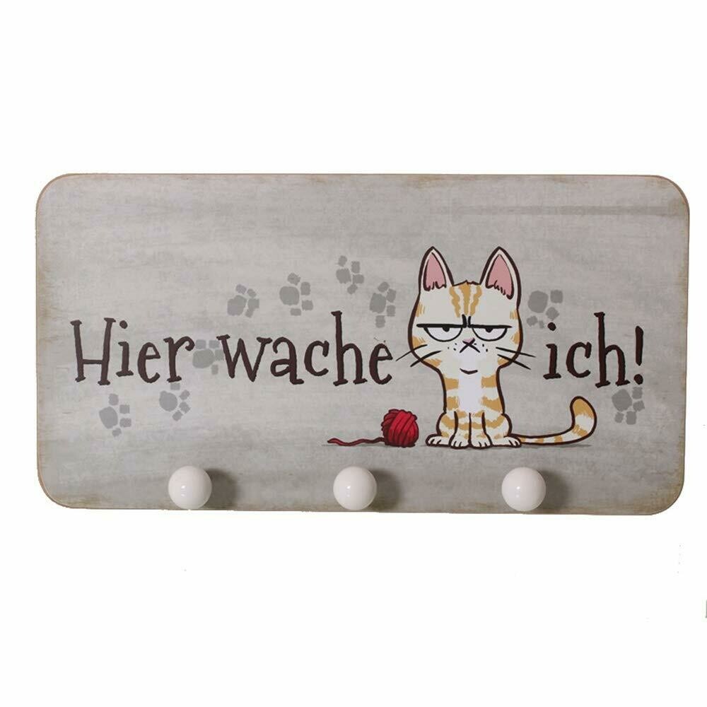 Garderobe Katze Hier wache ich, MDF, mit 3 Keramik Knöpfen, ca. 42,5x5x22 cm