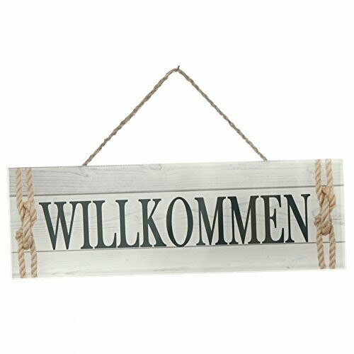 Schild Willkommen, Creme, Glas, mit Juteanhänger, ca. 30x10 cm