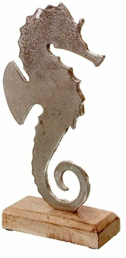 Seepferdchen auf Stand, vernickelt, Aluminium und Mangoholz, ca 13x5x27 cm