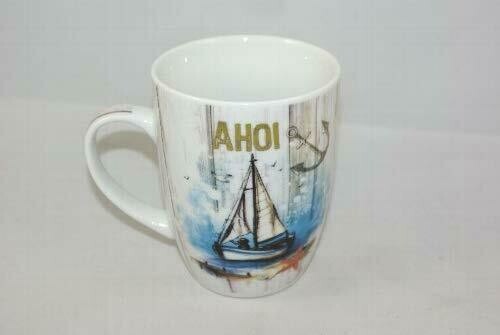 Becher mit AHOI und Segelboot, aus Porzellan, ca 8x10 cm