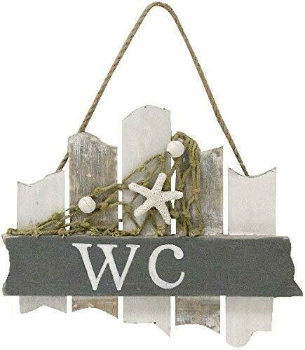 WC Badezimmer Schild 18 cm mit Netz, Muschel und Seestern Beach Maritim, in grau/weiß