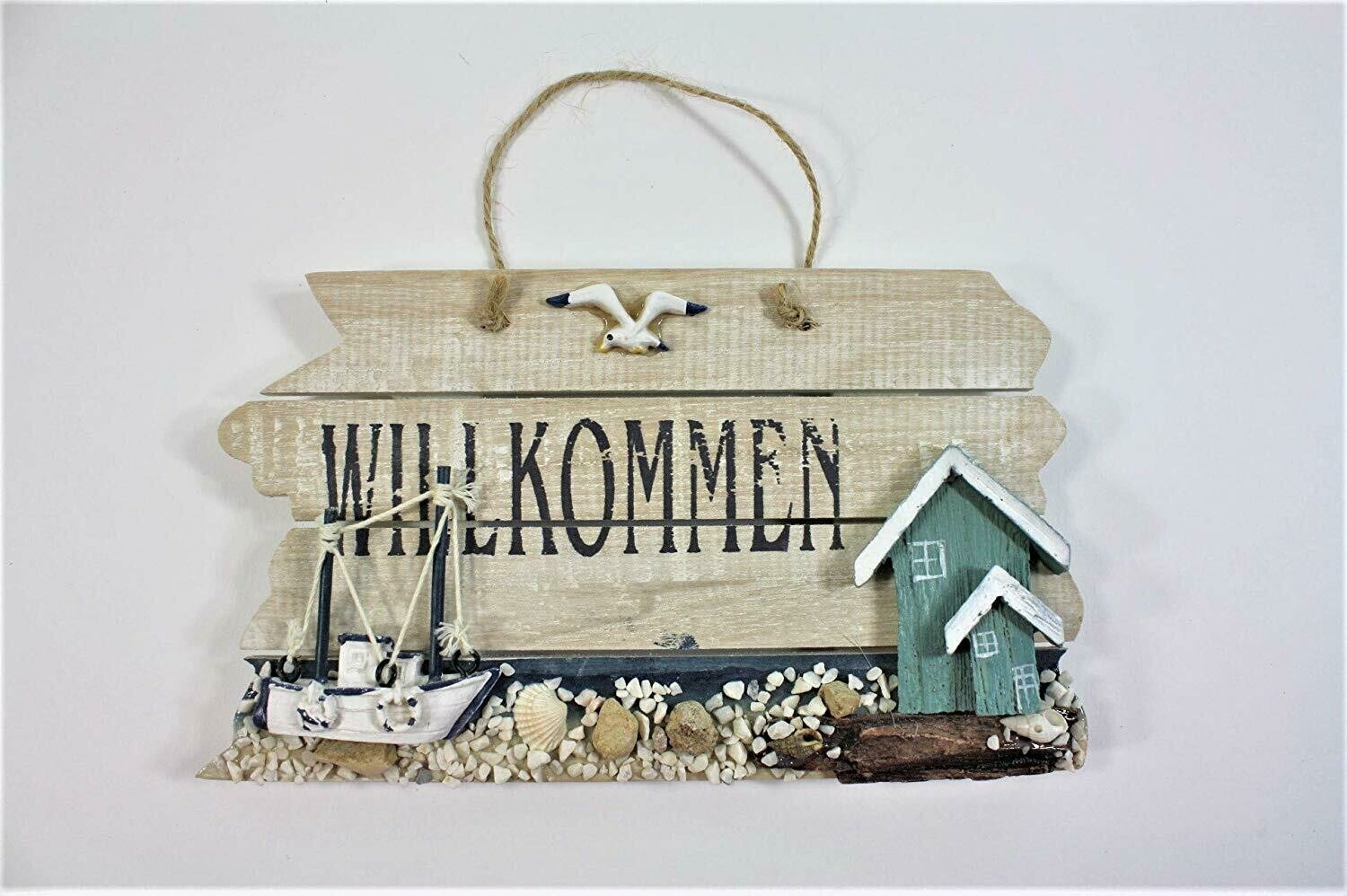 Willkommen Schild Boot Schiff 22 cm Möwe Beach Maritim